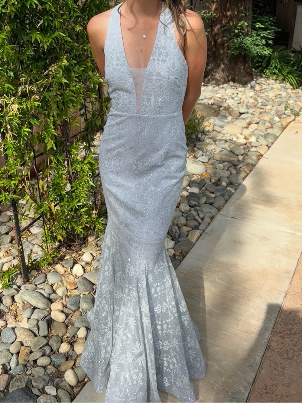 Pale blue/Silver Sparkly Mermaid prom dress with Plunging Neckline- size 5/6